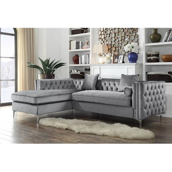 Chic Home Chic Home FSA2580 Monet Velvet Modern Contemporary Button Tufted with Silver Nailhead Trim Silvertone Metal Y-Leg Left Facing Sectional Sofa; Grey FSA2580-US